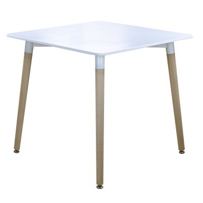 Mesa quadrada branca com pernas de madeira clara