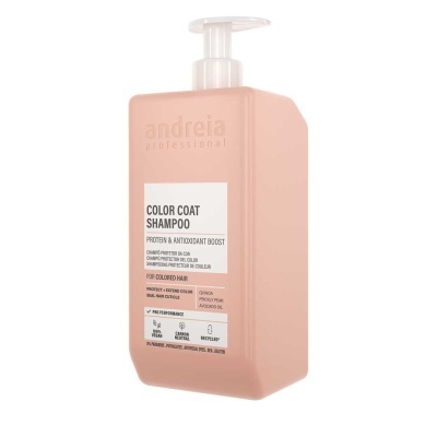 Frasco rosa claro de shampoo Andreia Color Coat com bomba