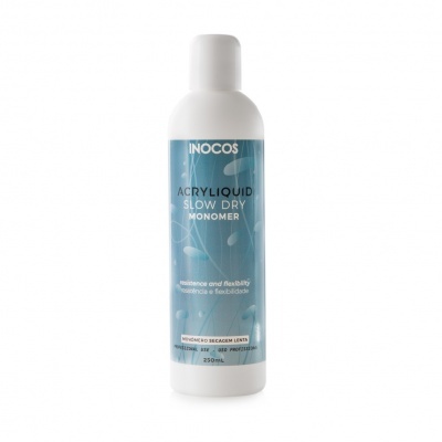 Frasco branco com rótulo azul de monómero para unhas INOCOS ACRYLIQUID.