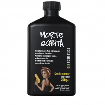 Frasco preto de condicionador hidratante Morte Súbita 250g com desenho de mulher e secador amarelo