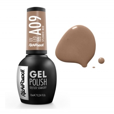Esmalte gel bege castanho RickiParodi A09 com gota do produto