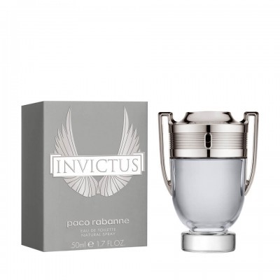 Frasco de perfume Invictus com caixa cinza com asas e texto em branco