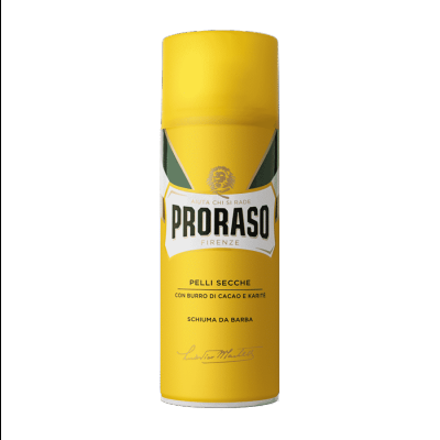 Frasco amarelo de espuma de barbear PRORASO Pelli Secche