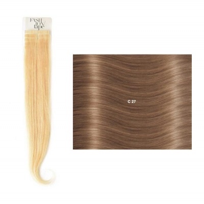 Extensão de cabelo loiro claro com amostra de cabelo castanho claro ondulado