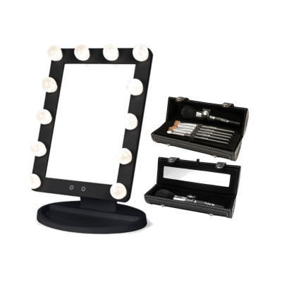 Espelho de maquilhagem com luzes e estojo de pincéis preto