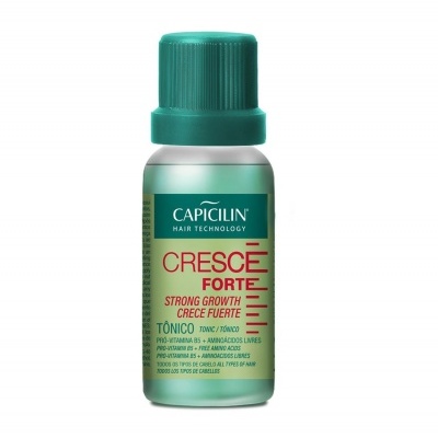 Frasco pequeno do produto Capicilin Cresce Forte Tónico para cabelo.