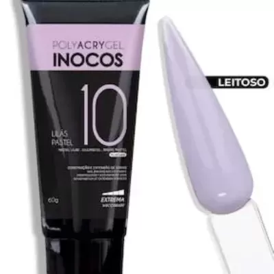 Tubo de gel polyacryl INOCOS lilás pastel e amostra de unha leitosa.