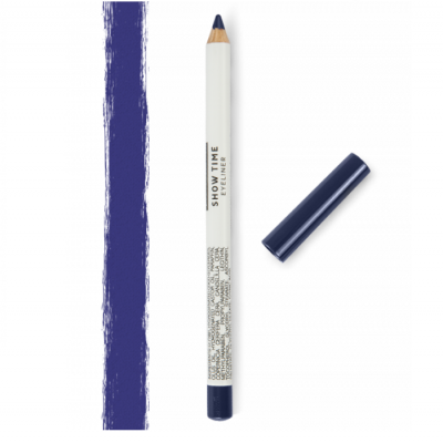 Lápis de olhos eyeliner branco com tampa azul escuro e amostra de cor azul escuro
