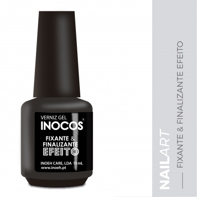 Frasco de verniz gel preto INOCOS com texto informativo