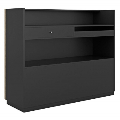 Móvel de arrumação preto com gaveta e prateleira aberta.