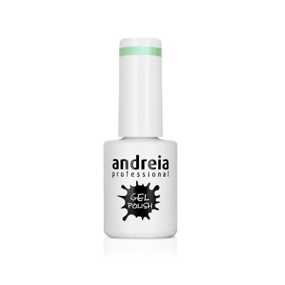 Frasco branco de verniz gel para unhas Andreia Professional com tampa branca e faixa verde