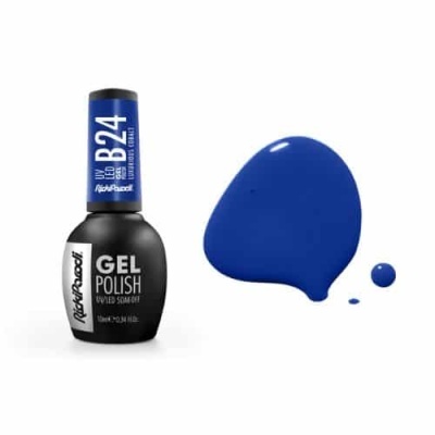 Verniz gel azul RichiRoseli com tampa azul e frasco preto, mancha de verniz azul ao lado