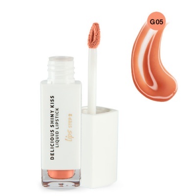 Batom líquido pêssego em frasco branco com aplicador e texto visível.