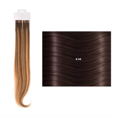 Extensões de cabelo castanho liso e amostra de cor castanho escuro B 4/8