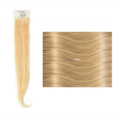 Extensão de cabelo loiro claro liso com embalagem texto EASY LUX HAIR e amostra cor C24.