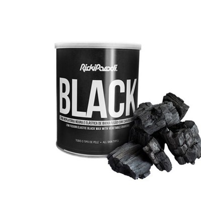 Lata preta de cera para depilação Rickiparodi BLACK com carvão vegetal e carvão ao lado