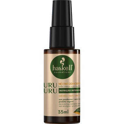 Frasco castanho com doseador preto e rótulo bege e verde da Haskell Cosméticos