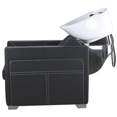 Cadeira de lavagem preta com lavatório branco de porcelana