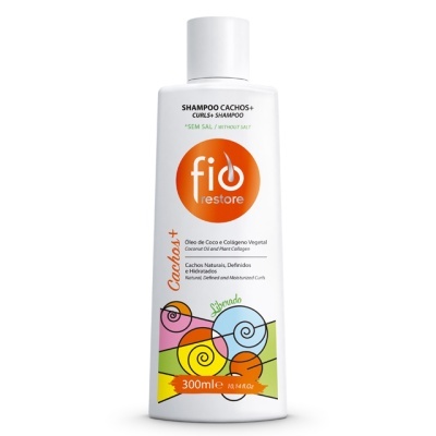 Frasco branco de shampoo Fido Restore para cabelos cacheados com desenhos coloridos de caracóis