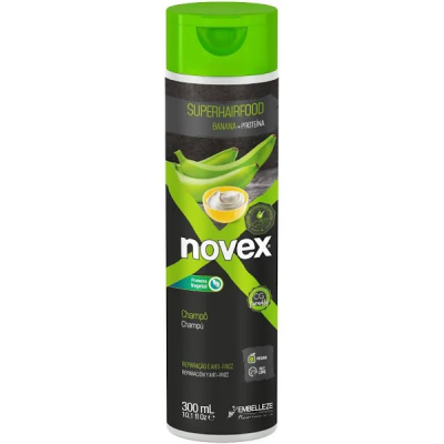 Champô Novex Superhairfood Banana + Proteína embalagem preta e verde com bananas e pote de creme
