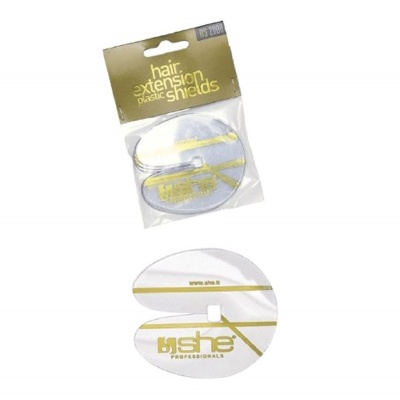 Escudos plásticos transparentes para extensão de cabelo da marca She Professionals com detalhes dourados
