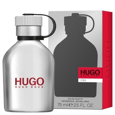 Frasco prateado de perfume Hugo Boss Iced com embalagem cinzenta e vermelha