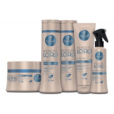 Conjunto de produtos capilares Haskell Bendito Loiro em embalagens bege e azul