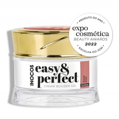 Gel construtor de unhas Inocos easy & perfect dark pink com tampa dourada e selo de prémio.