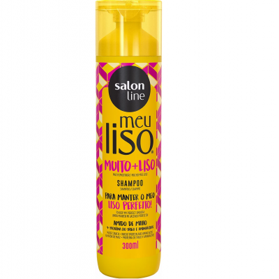 Frasco amarelo de shampoo Salon Line meu liso muito+liso