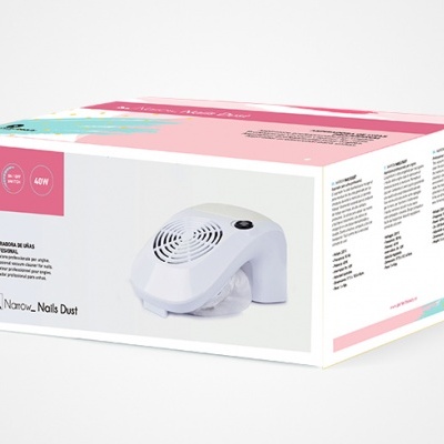 Caixa de produto branco e rosa com imagem de dispositivo branco e texto