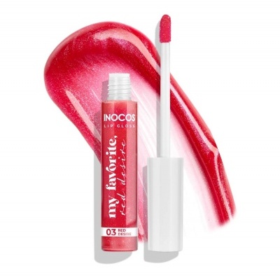 Gloss labial vermelho INOCOS com aplicador e rasto de cor