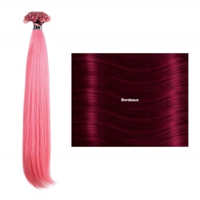 Extensão de cabelo rosa com amostra de cabelo Bordeaux