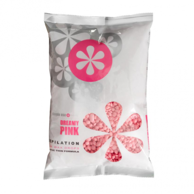 Pacote branco de cera depilatória em gotas rosas com design floral e texto DREAMY PINK