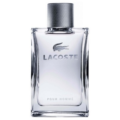 Frasco transparente de perfume Lacoste Pour Homme para homem com tampa prateada
