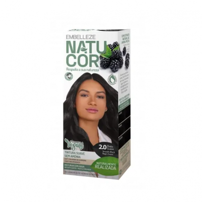 Caixa de tintura de cabelo NATU COR preto, com imagem de mulher e amoras