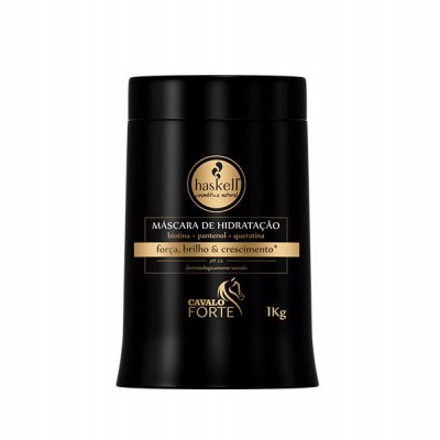 Frasco preto de máscara de hidratação para cabelo Haskell com texto dourado