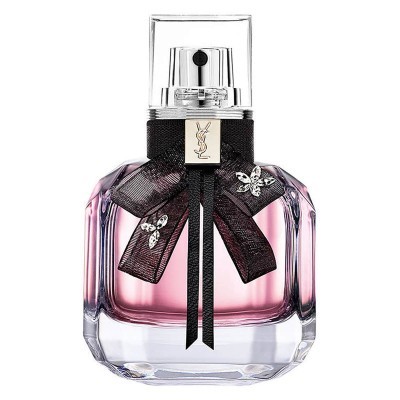 Frasco de perfume rosa com laço preto e logo YSL dourado