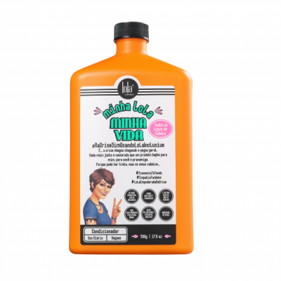 Frasco de condicionador laranja Minha Lola Minha Vida com rótulo ilustrado e texto em português