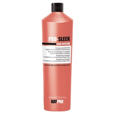 Frasco de champô cor-de-rosa com tampa preta e rótulo branco e preto, com texto PRO-SLEEK LISS SYSTEM