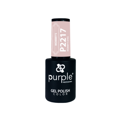 Frasco de verniz gel para unhas Purple Professional com tampa rosa claro e frasco preto.