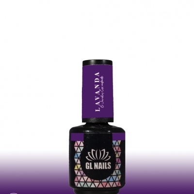Frasco de verniz para unhas GL NAILS cor lavanda com tampa roxa e rótulo preto com padrão geométrico.