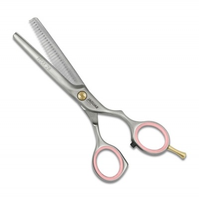 Tesoura de desbaste de cabelo em metal prateado com cabo rosa claro