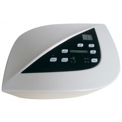 Dispositivo eletrônico branco com painel preto e visor digital