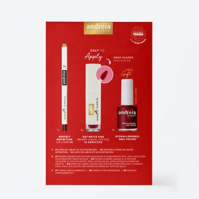 Conjunto de lápis de lábios, batom líquido e verniz de unhas Andreia Professional sobre fundo vermelho.