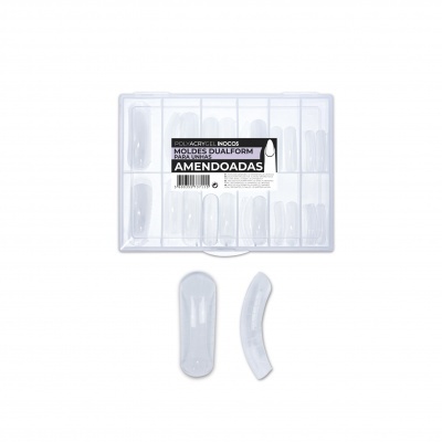 Conjunto de moldes dualform para unhas amendoada numa caixa plástica transparente com etiqueta