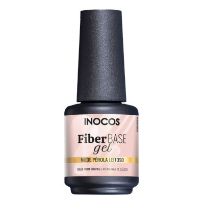 Frasco de verniz gel Fiber Base da INOCOS com tampa preta e rótulo rosa e dourado
