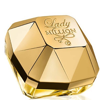 Frasco de perfume dourado facetado com texto 'Lady MILLION'