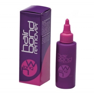 Frasco roxo e caixa roxa e rosa com texto 'hair bond remover' para remover cola de cabelo