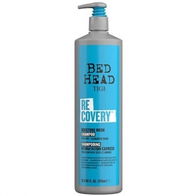 Frasco de champô Bed Head TIGI Recovery azul e cinzento com dispensador.