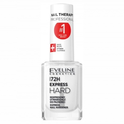 Frasco de verniz para unhas Eveline Cosmetics com texto e marcações em vermelho e preto